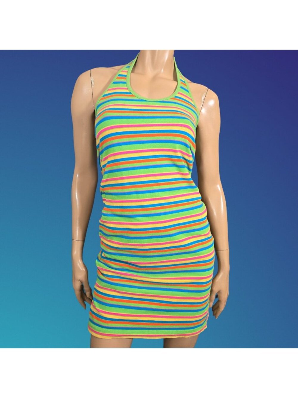 Y2K Multicolor Rainbow Striped Halter Mini Dress Size M Cotton Colorful